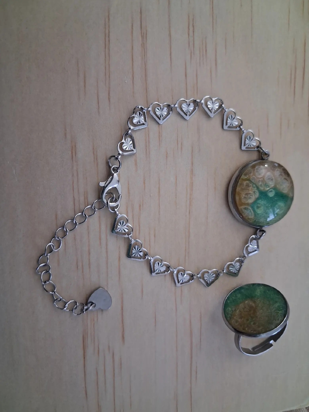 Silver Heart Link Bracelet with Green and Gold Resin Charm
